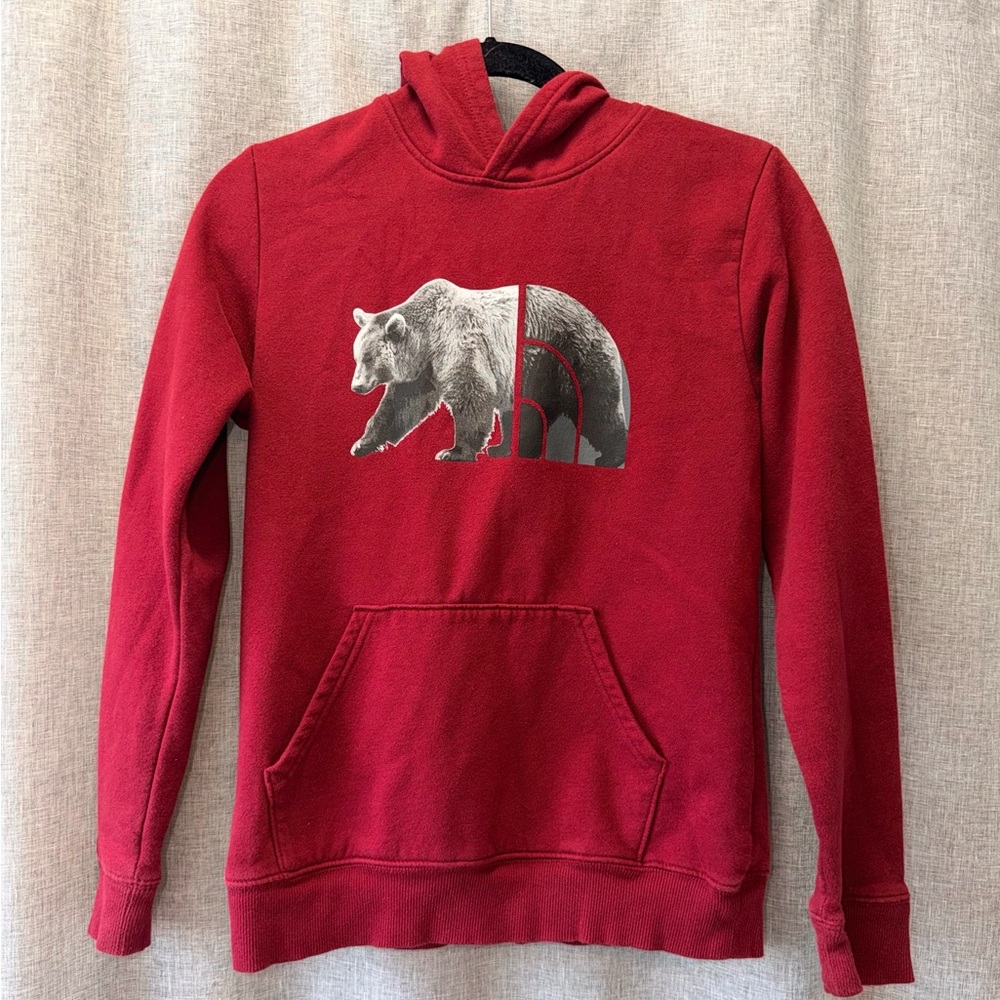 North Face Red Hoodie with Bear Graphic XL